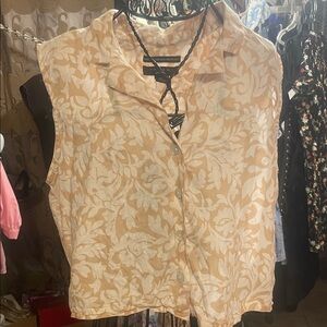 Tahari Cream and Tan Floral Button-Front Sleeveless Shirt